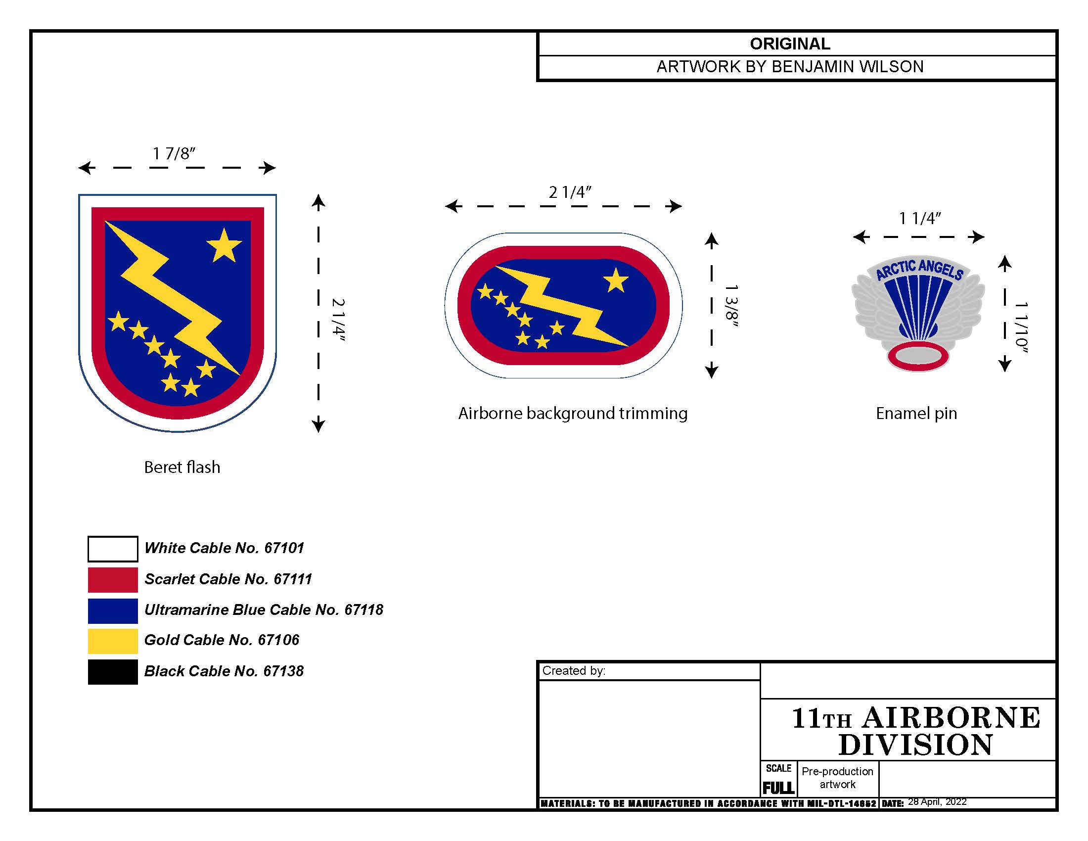 Pre-production artwork of the 11th Airborne Tab, DUI, and Flash.